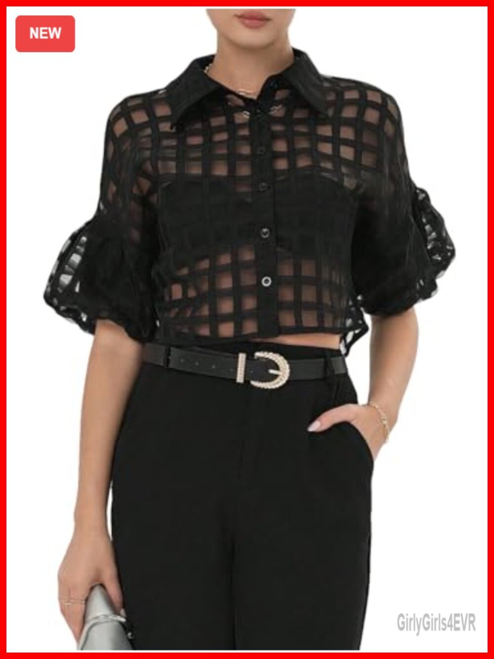 Sheer Mesh Plaid Button Down Crop Top Puff Sleeve Blouse Women